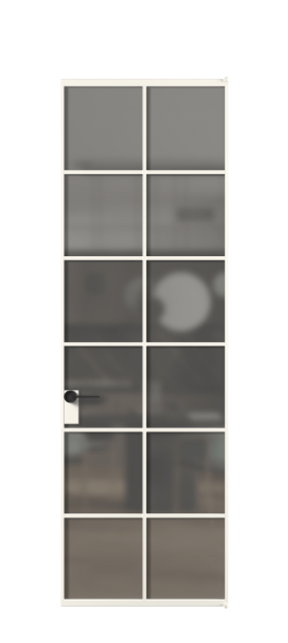 Алюминиевая дверь АЛПЛ040.05 Алюминий пудровый белый Сатинированное серое стекло, триплекс Цена 141380  | Volhovec