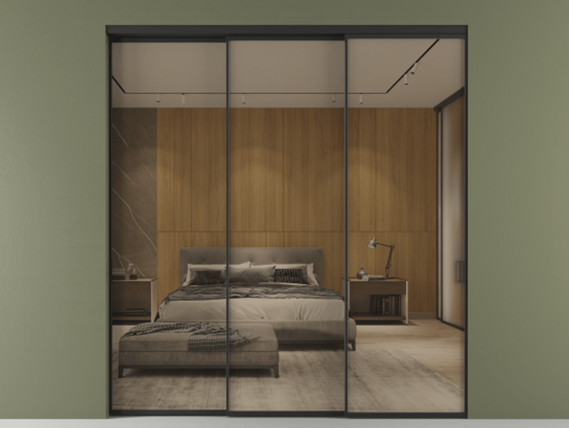 Перегородка Формато внутри проёма 3 створки с синхронным механизмом АЛПР 040.01 Алюминий Черный Рефлективное бронзовое стекло "Стопсол", калёное Цена 335320 ₽  | Volhovec