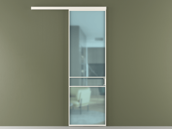 Алюминевая перегородка vd1_02_ Алюминий пудровый белый Сатинированное голубое стекло, триплекс, 6мм. Цвет Алюминий пудровый белый. Материал Алюминий в эмали. Коллекция Перегородка Формато вдоль стены 1 створка. Картинка.