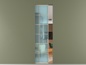 Алюминевая перегородка skr1_05_ Алюминий бежево-серый Сатинированное голубое стекло, триплекс, 6мм. Цвет Алюминий бежево-серый. Материал Алюминий в эмали. Коллекция Перегородка Формато скрытый пенал 1 створка. Картинка.