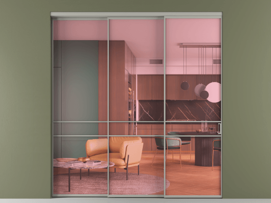 Алюминевая перегородка АЛПР 040.02_АНСР_ПРОЗ РОЗ_new. Цвет Алюминий нейтральный серый. Материал Алюминий в эмали. Коллекция Перегородка Формато внутри проёма 3 створки с синхронным механизмом. Картинка.