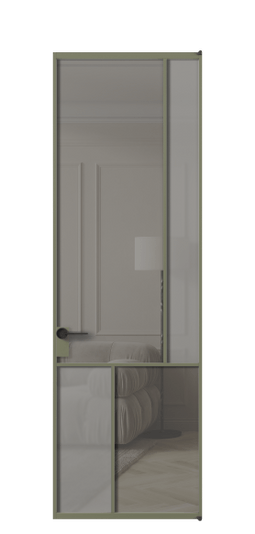 Дверь межкомнатная АЛПЛ041.21 АОТ Серый сатин матовое + Серый прозрачное. Цвет Алюминий оливковый тёмный. Материал Алюминий в эмали. Коллекция Мозаик. Картинка.