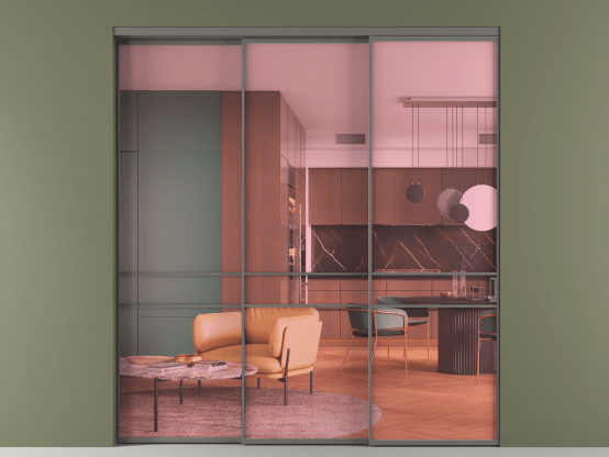 Алюминевая перегородка АЛПР 040.02_АКЛС_ПРОЗ РОЗ_new. Цвет Алюминий классический серый. Материал Алюминий в эмали. Коллекция Перегородка Формато внутри проёма 3 створки с синхронным механизмом. Картинка.