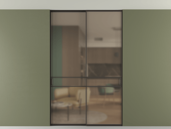 Алюминевая перегородка АЛПР 040.02_ААН_Бронза сатин триплекс_new. Цвет Алюминий антрацит. Материал Алюминий в эмали. Коллекция Перегородка Формато внутри проёма скрытое крепление в потолок 2 створки. Картинка.