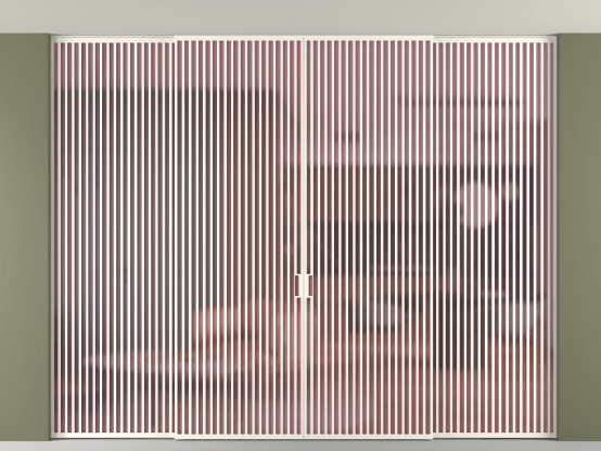 Алюминевая перегородка vn2+2_06 Алюминий пудровый белый Сатинированное розовое стекло, триплекс, 6мм. Цвет Алюминий пудровый белый. Материал Алюминий в эмали. Коллекция Перегородка Формато внутри проёма скрытое крепление в потолок 4 створки. Картинка.