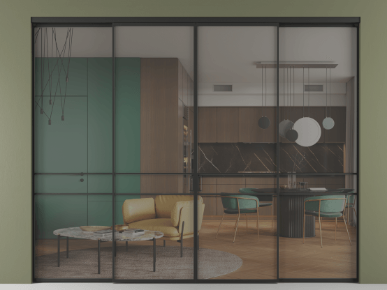 Алюминевая перегородка vn2+2_02 Серый триплекс ЧЕР. Цвет Алюминий Черный. Материал Алюминий. Коллекция Перегородка Формато внутри проёма 4 створки. Картинка.